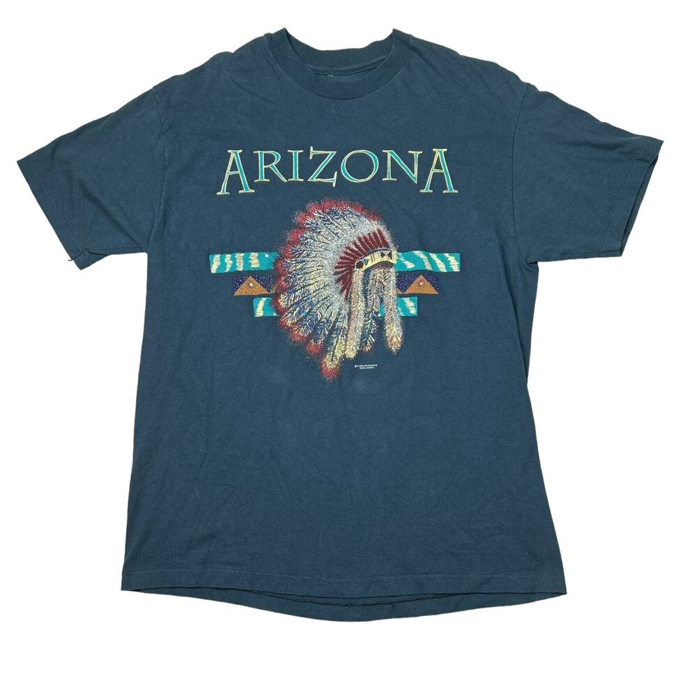 Vintage 90s Arizona Indian Chief Feathers Graphic Tee T-Shirt Blue Adult Large